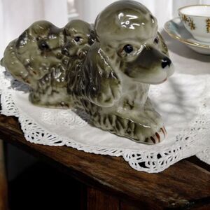 Vintage Green Poodle Dog 2 Pups Laying On Back Ceramic Glossy Glaze 3" x 1 5/8"